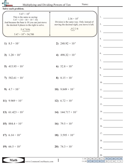 Decimal Worksheets - Multiplying and Dividing Powers of Ten  worksheet
